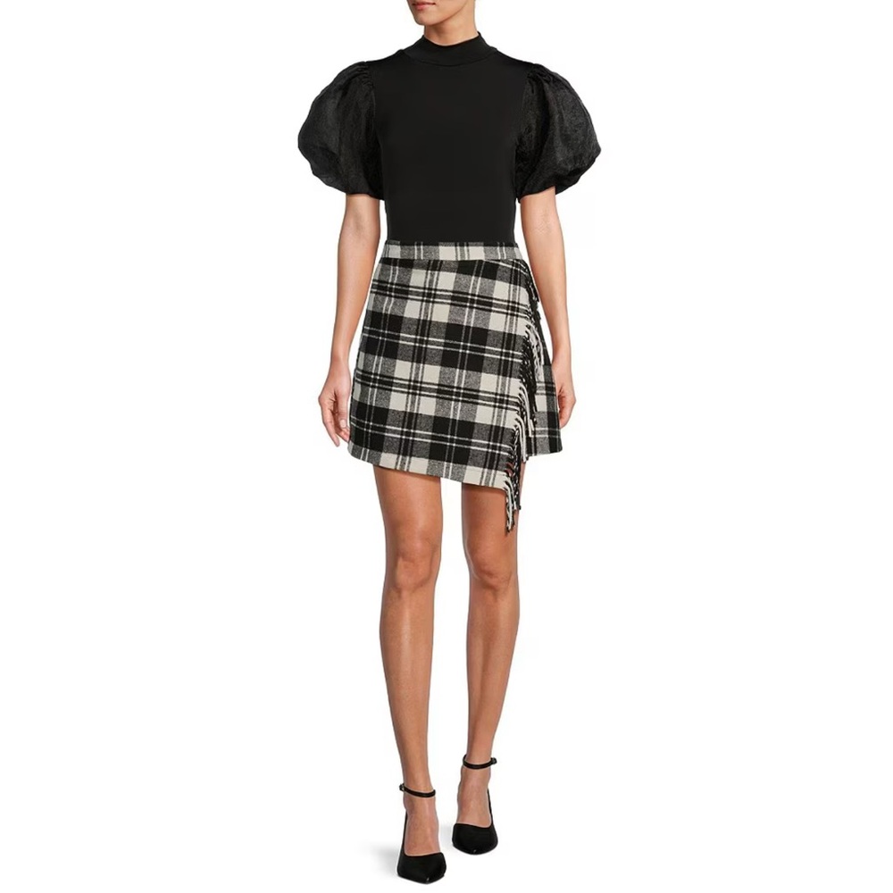 Antonio Melani Georgie Plaid Fringe Wrap Mini Skirt Black Cream Size 14
